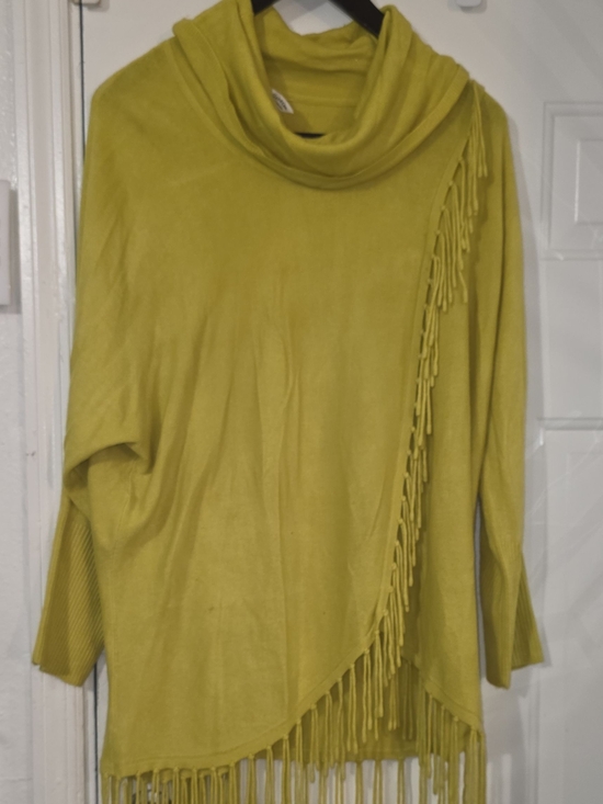 NY Collection Sweaters - NY Collection Chartreuse Cowl Neck Fringe Tunic Sweater